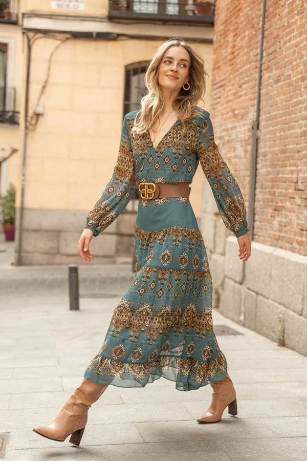 Mette | Women's Blue Chiffon Boho Medallion Puff Sleeve Tiered Dress Carol & Margaret Wilmington