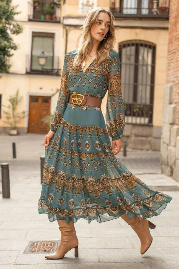 Mette | Women's Blue Chiffon Boho Medallion Puff Sleeve Tiered Dress Carol & Margaret Wilmington