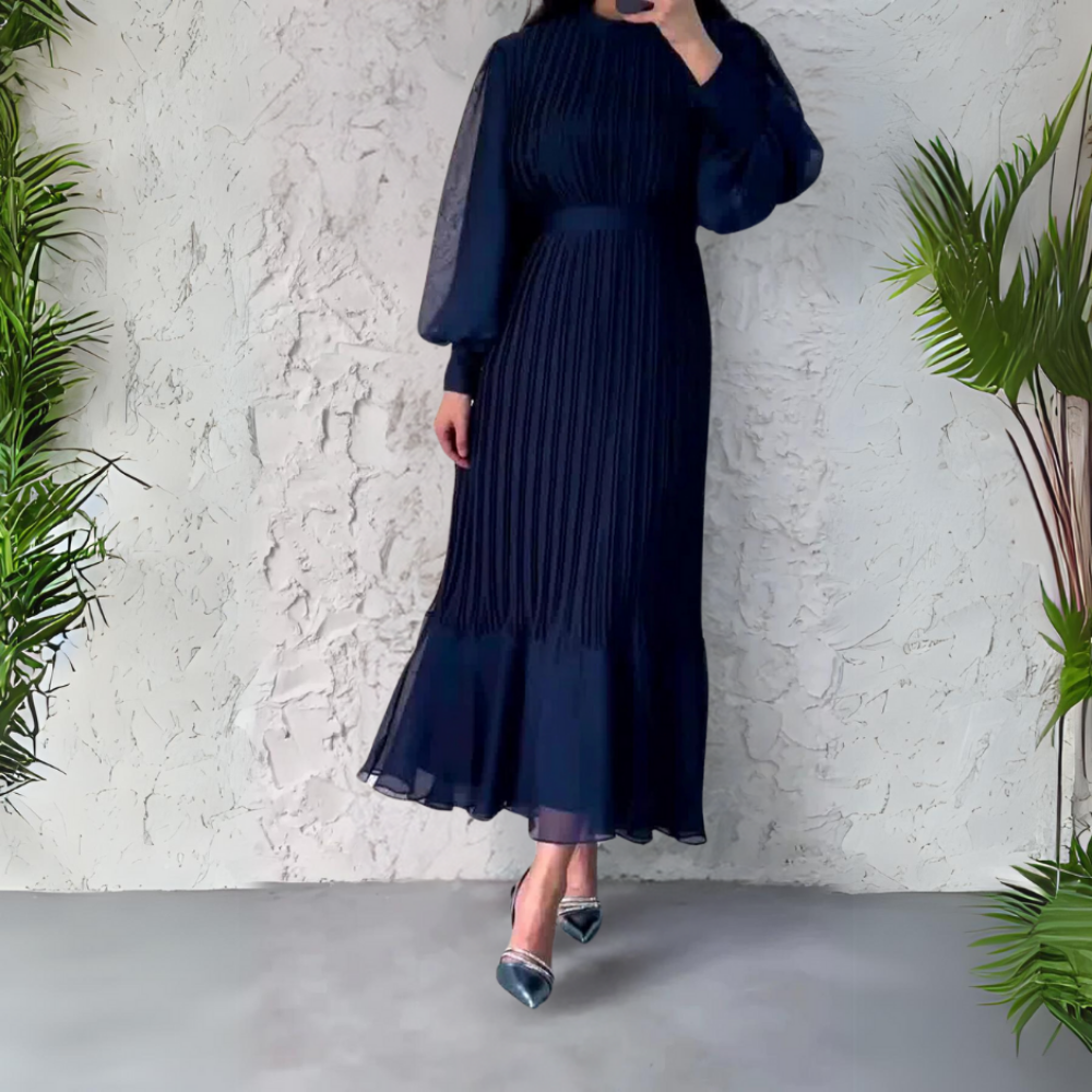 Nadine | Women's Chiffon Pleated Mock Neck Long Sleeve Maxi Dress Carol & Margaret Wilmington