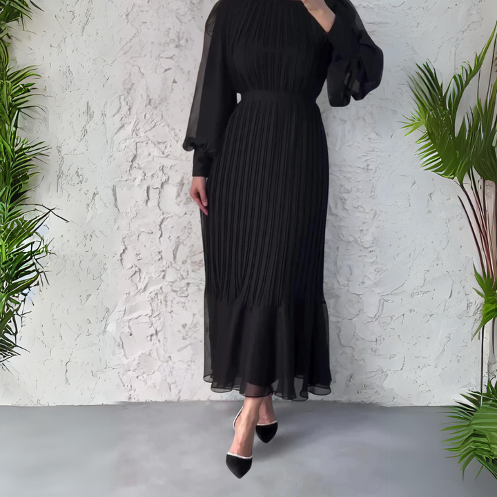 Nadine | Women's Chiffon Pleated Mock Neck Long Sleeve Maxi Dress Carol & Margaret Wilmington