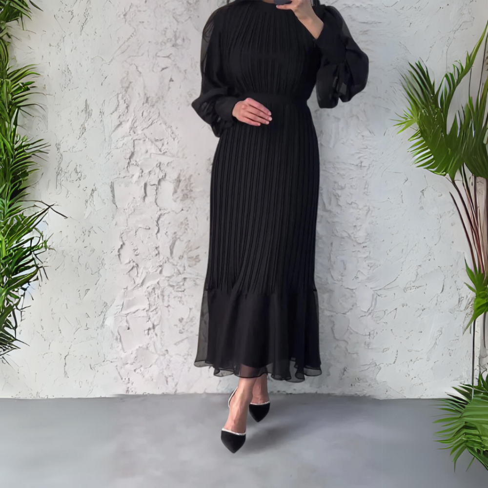 Nadine | Women's Chiffon Pleated Mock Neck Long Sleeve Maxi Dress Carol & Margaret Wilmington