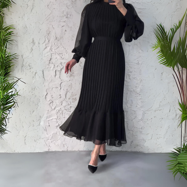 Nadine | Women's Chiffon Pleated Mock Neck Long Sleeve Maxi Dress Carol & Margaret Wilmington