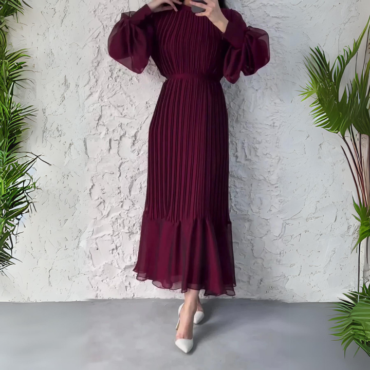 Nadine | Women's Chiffon Pleated Mock Neck Long Sleeve Maxi Dress Carol & Margaret Wilmington