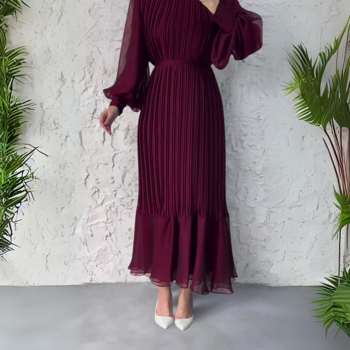 Nadine | Women's Chiffon Pleated Mock Neck Long Sleeve Maxi Dress Carol & Margaret Wilmington