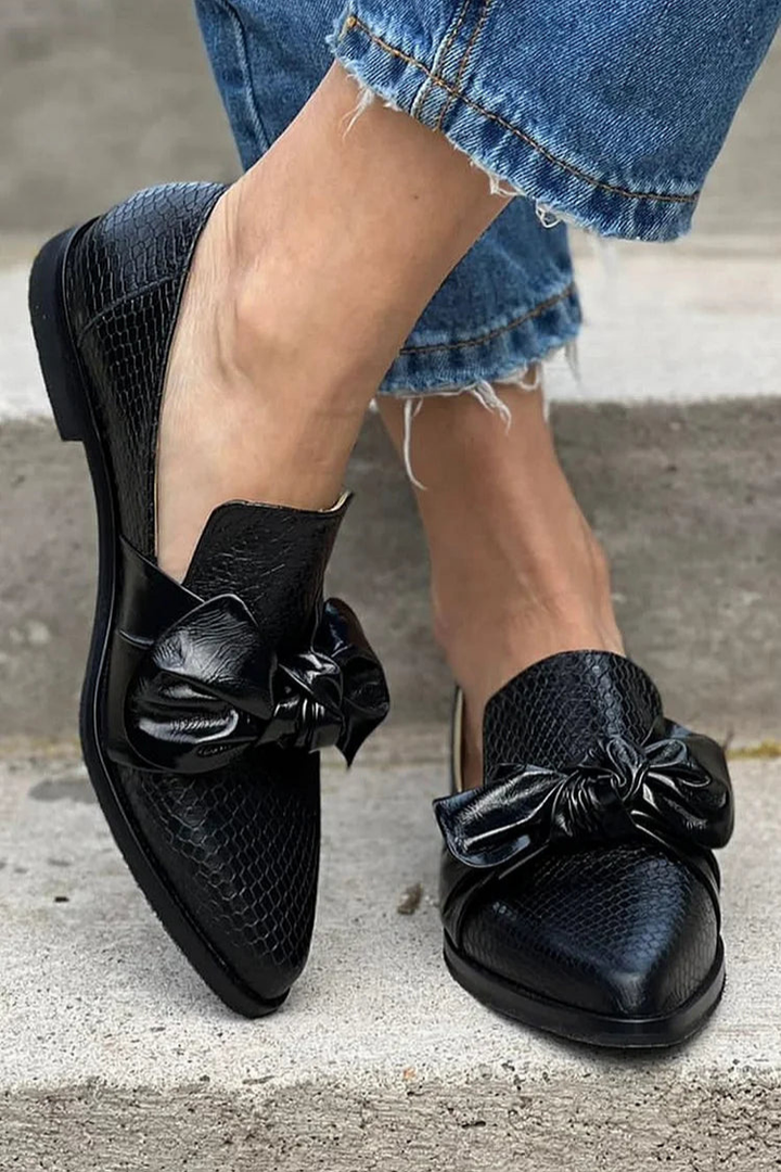 Neva | Women's Black Leather Snakeskin Bow-Detail Pointed Low Heels Carol & Margaret Wilmington