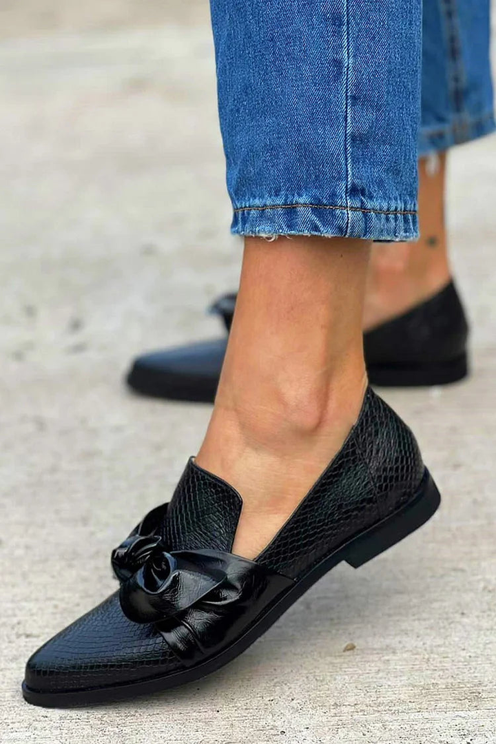 Neva | Women's Black Leather Snakeskin Bow-Detail Pointed Low Heels Carol & Margaret Wilmington