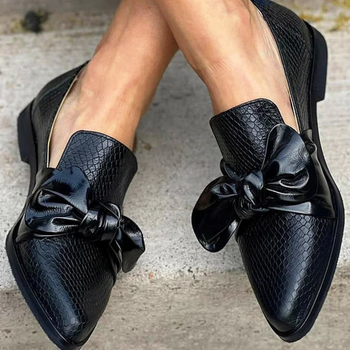 Neva | Women's Black Leather Snakeskin Bow-Detail Pointed Low Heels Carol & Margaret Wilmington