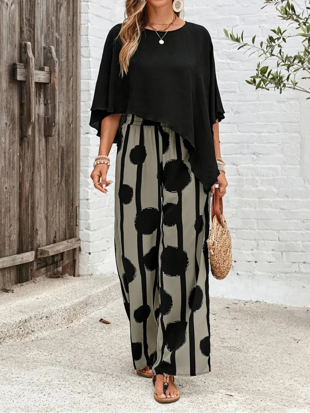 Nora | Women's Black Stretch Batwing Top & Elasticated Wide-Leg Pants Set Carol & Margaret Wilmington
