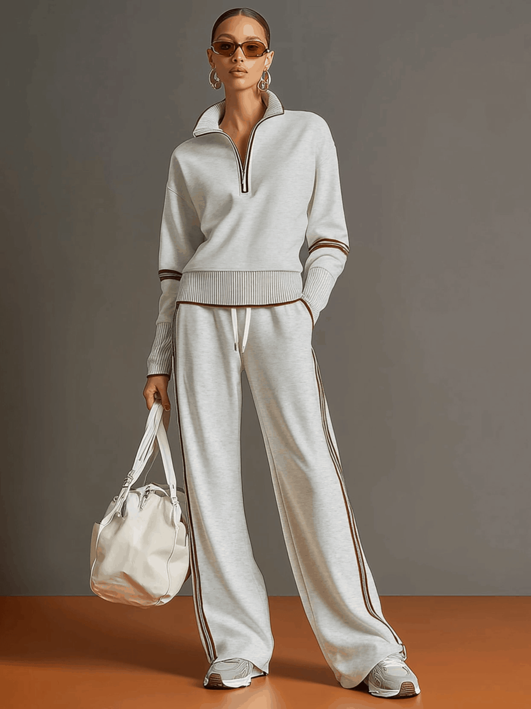 Woman wearing relaxed two piece wide leg set with blouse