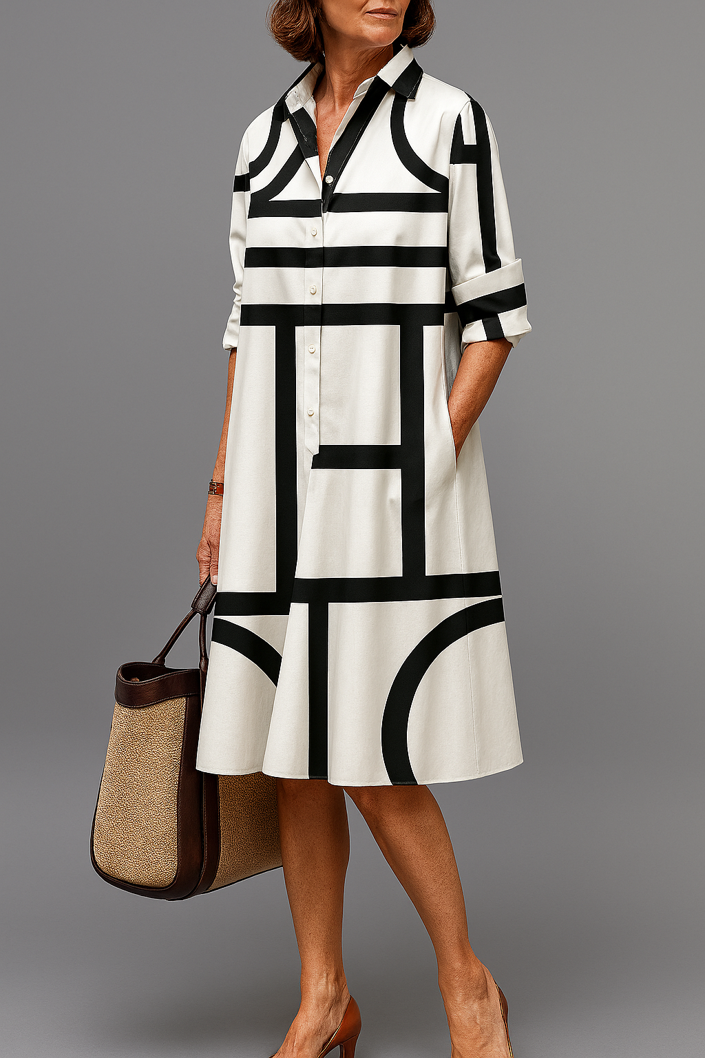 Odette | Women's White Cotton Geometric Print Shirt Midi Dress Carol & Margaret Wilmington