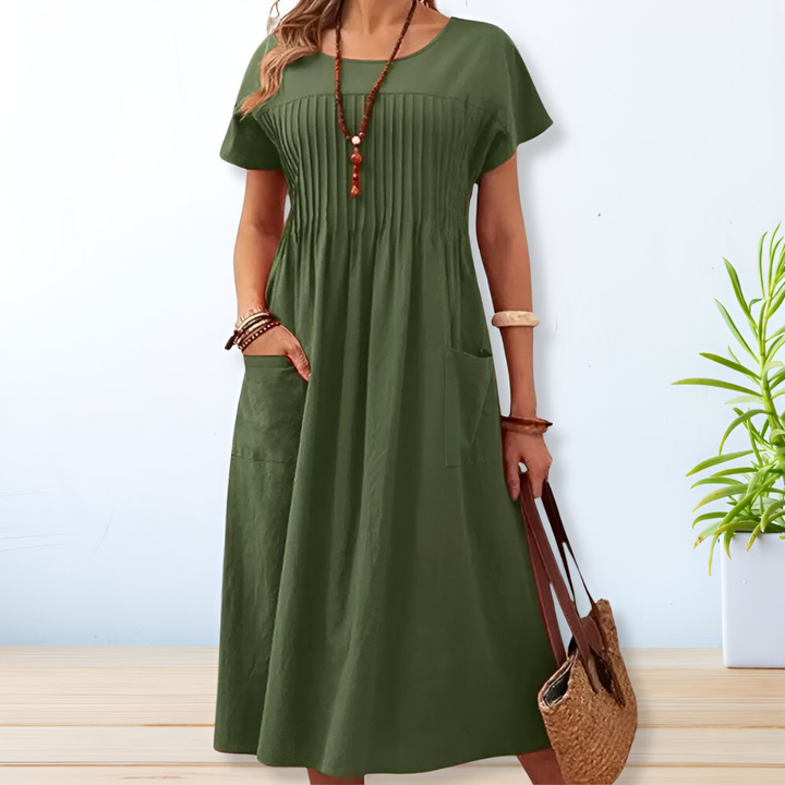 Olive | Women's Linen Pintuck Front Pocket Midi Dress Carol & Margaret Wilmington