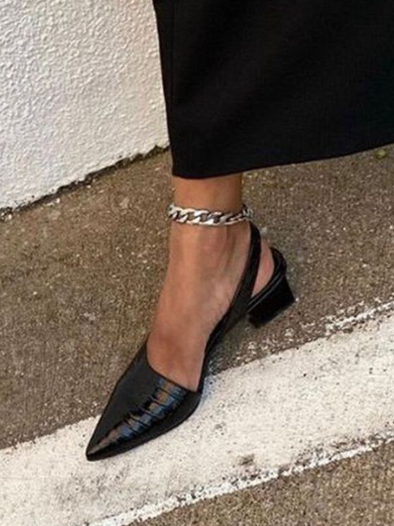Women's brown croc-effect slingback block heel shoe