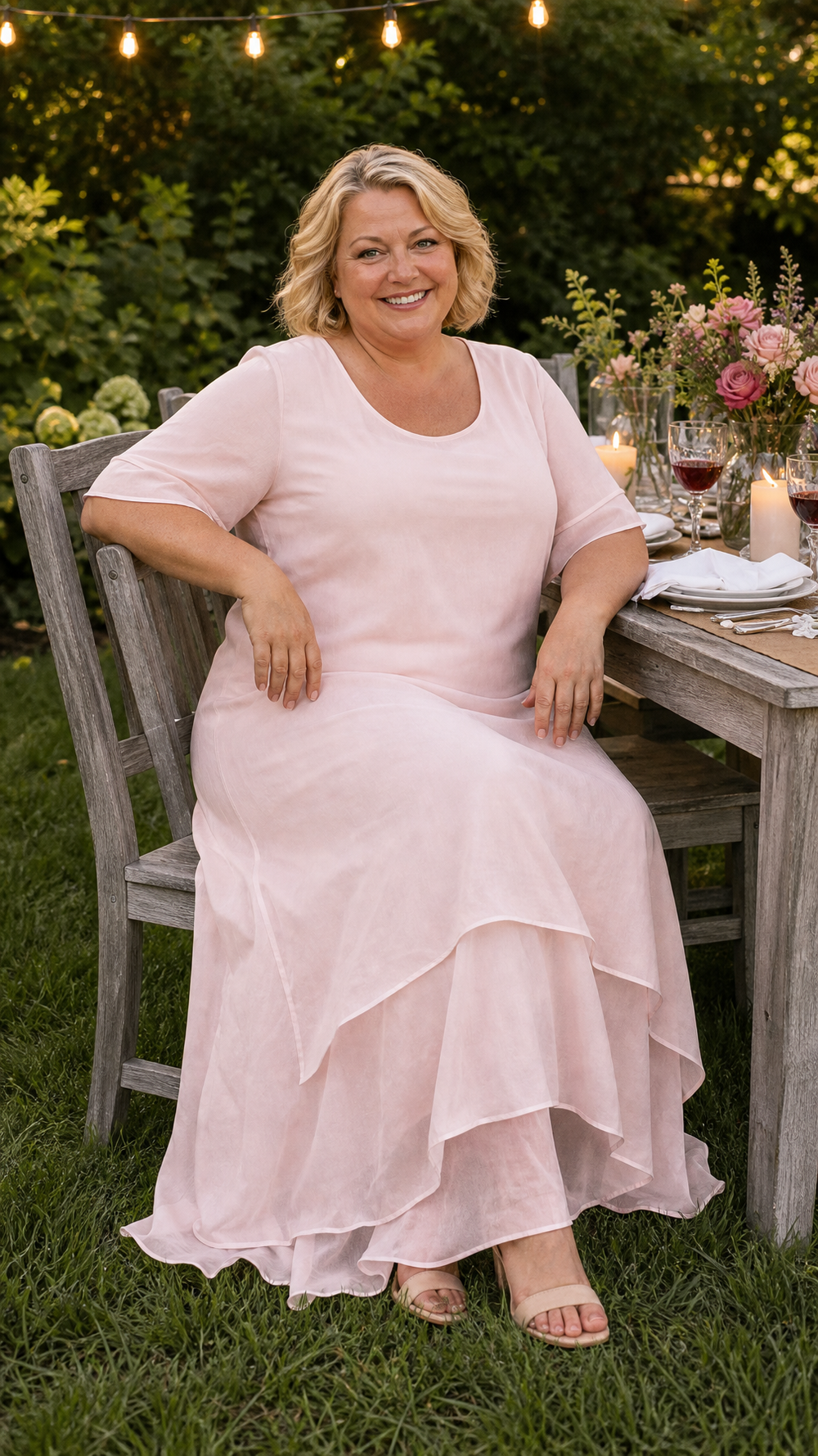 Woman wearing flowing maxi dress with open neckline