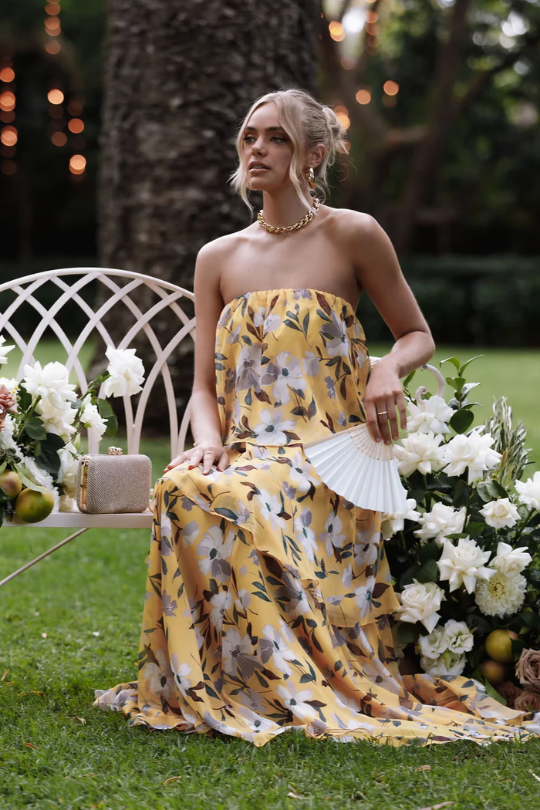 Paloma | Women's Chiffon Tropical Print Strapless Tiered Maxi Dress Carol & Margaret Wilmington