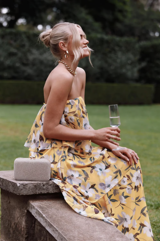 Paloma | Women's Chiffon Tropical Print Strapless Tiered Maxi Dress Carol & Margaret Wilmington