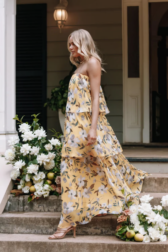 Paloma | Women's Chiffon Tropical Print Strapless Tiered Maxi Dress Carol & Margaret Wilmington