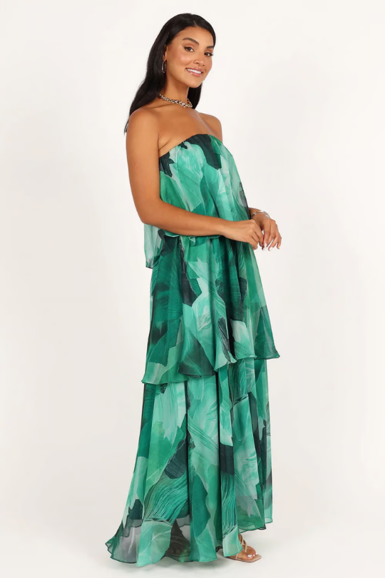 Paloma | Women's Chiffon Tropical Print Strapless Tiered Maxi Dress Carol & Margaret Wilmington