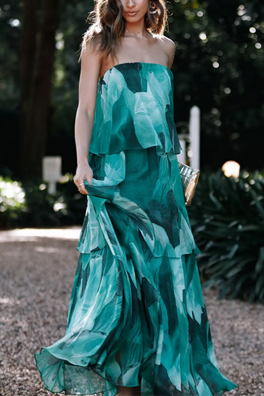 Paloma | Women's Chiffon Tropical Print Strapless Tiered Maxi Dress Carol & Margaret Wilmington