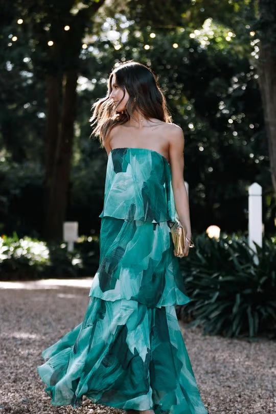 Paloma | Women's Chiffon Tropical Print Strapless Tiered Maxi Dress Carol & Margaret Wilmington