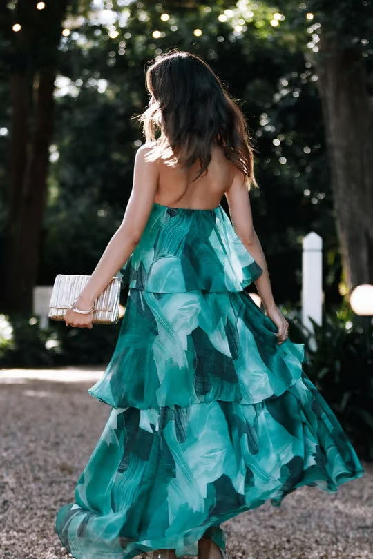 Paloma | Women's Chiffon Tropical Print Strapless Tiered Maxi Dress Carol & Margaret Wilmington