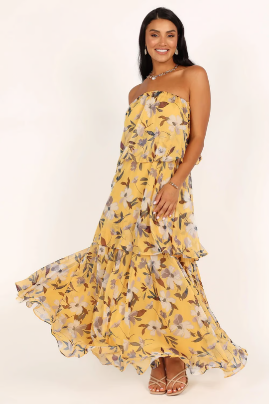 Paloma | Women's Chiffon Tropical Print Strapless Tiered Maxi Dress Carol & Margaret Wilmington