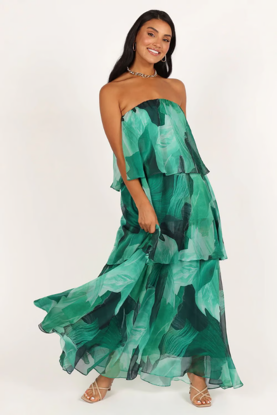 Paloma | Women's Chiffon Tropical Print Strapless Tiered Maxi Dress Carol & Margaret Wilmington
