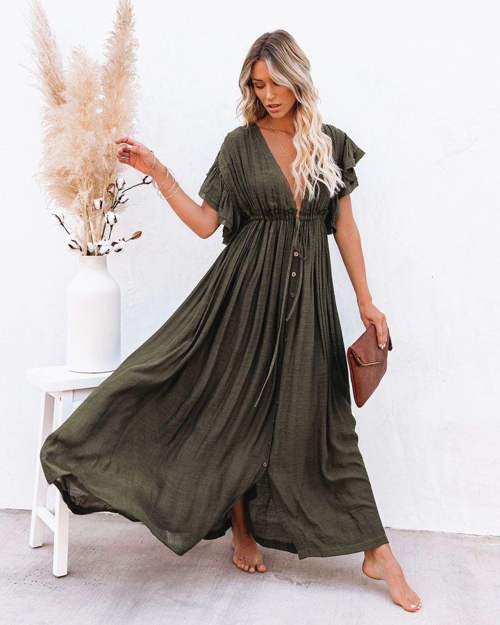 Paloma | Women's Linen Deep V-Neck Flutter Sleeve Drawstring Maxi Dress Carol & Margaret Wilmington