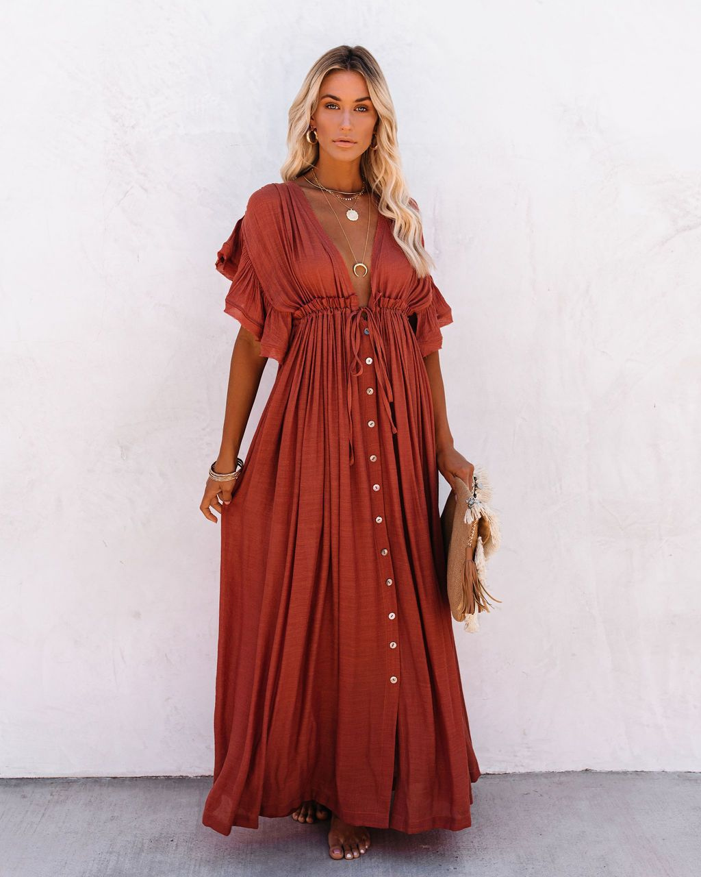 Paloma | Women's Linen Deep V-Neck Flutter Sleeve Drawstring Maxi Dress Carol & Margaret Wilmington