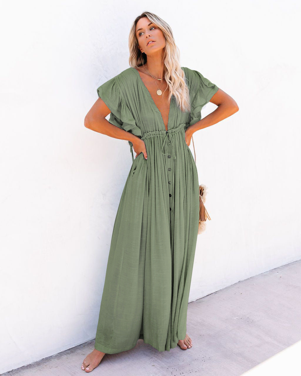Paloma | Women's Linen Deep V-Neck Flutter Sleeve Drawstring Maxi Dress Carol & Margaret Wilmington
