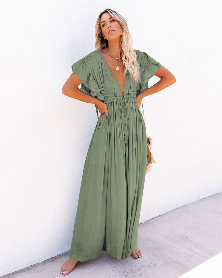 Paloma | Women's Linen Deep V-Neck Flutter Sleeve Drawstring Maxi Dress Carol & Margaret Wilmington