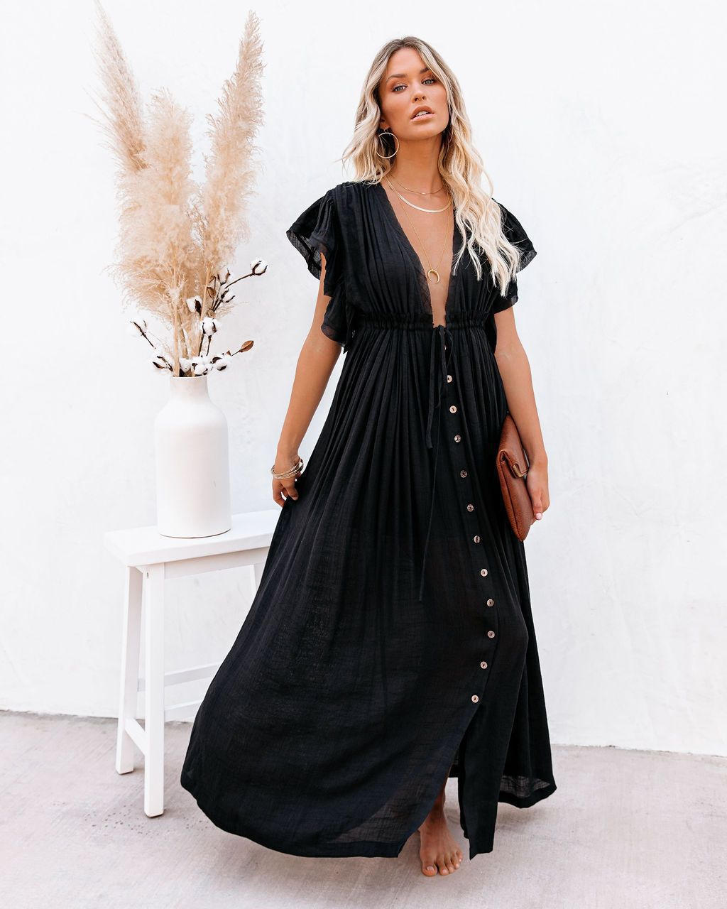 Paloma | Women's Linen Deep V-Neck Flutter Sleeve Drawstring Maxi Dress Carol & Margaret Wilmington