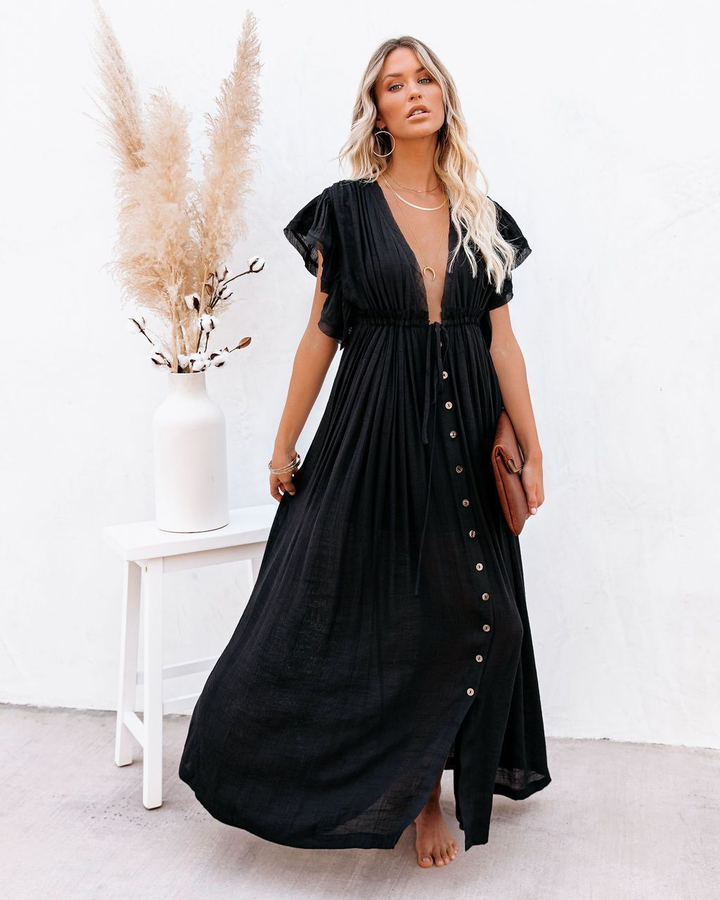 Paloma | Women's Linen Deep V-Neck Flutter Sleeve Drawstring Maxi Dress Carol & Margaret Wilmington