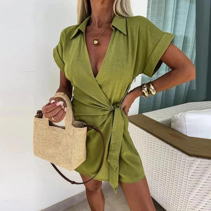 Petra | Women's Linen Collared Wrap Tie-Waist Short Romper Carol & Margaret Wilmington