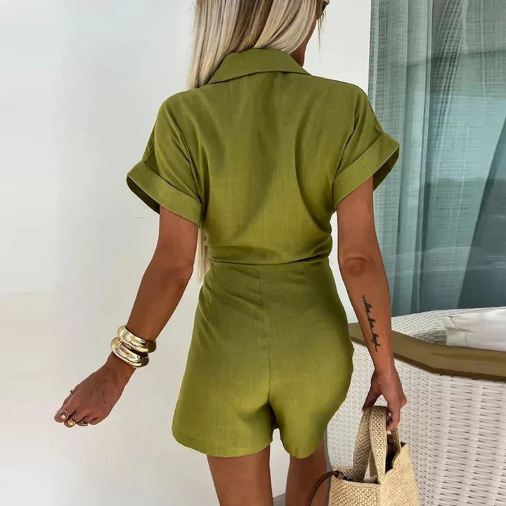Petra | Women's Linen Collared Wrap Tie-Waist Short Romper Carol & Margaret Wilmington
