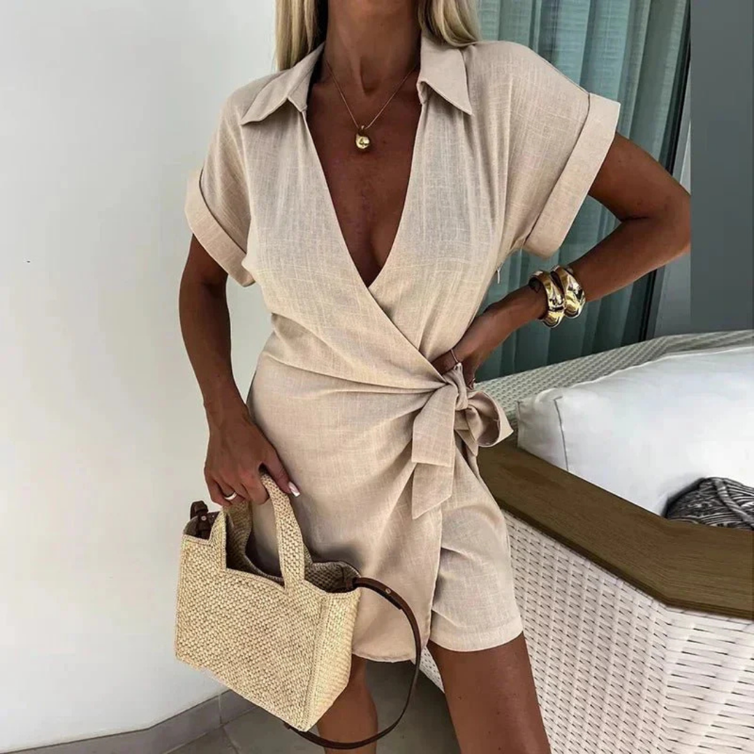 Petra | Women's Linen Collared Wrap Tie-Waist Short Romper Carol & Margaret Wilmington