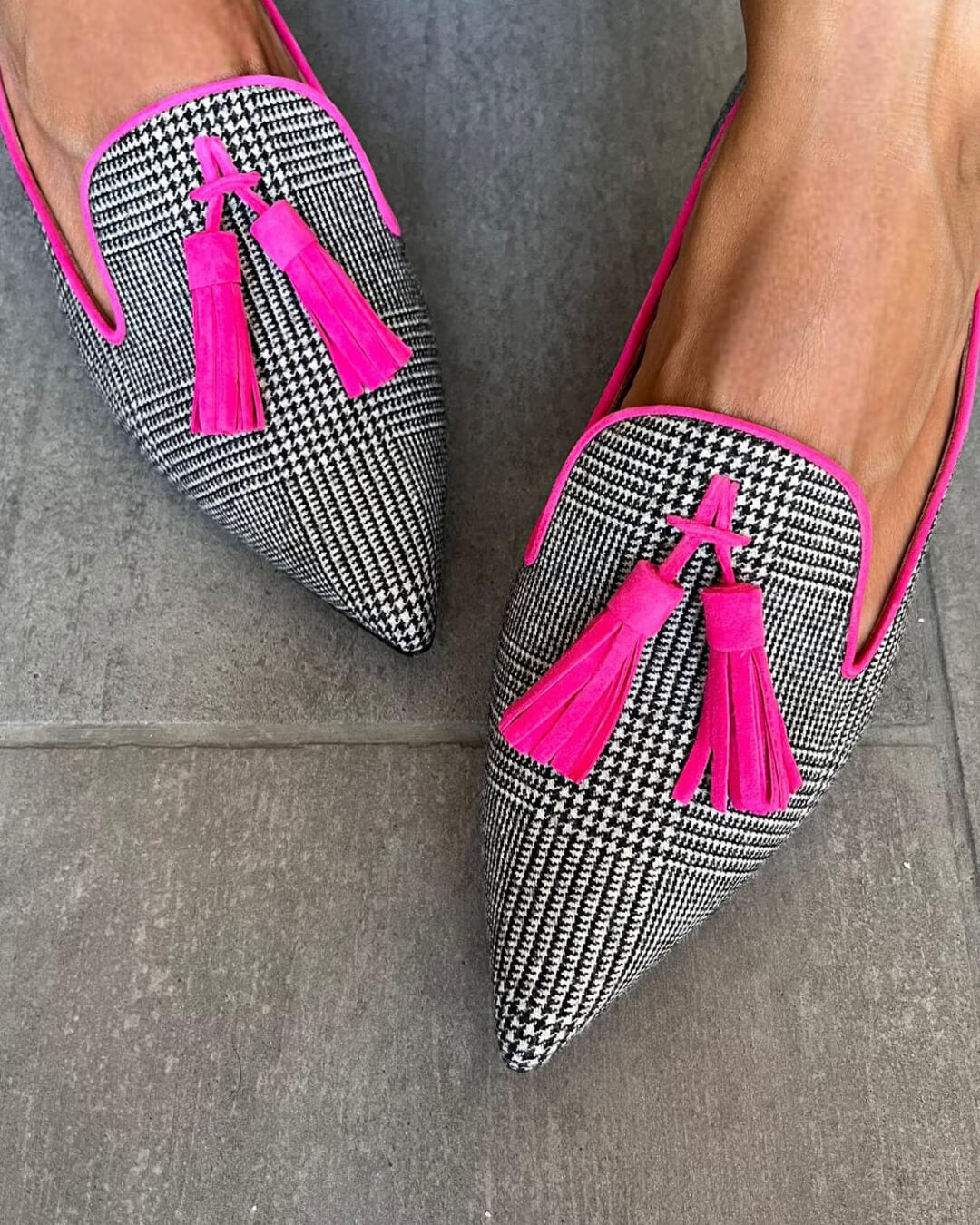 Pippa | Women's Black & White Breathable Check Tassel Pointed-Toe Flats Carol & Margaret Wilmington