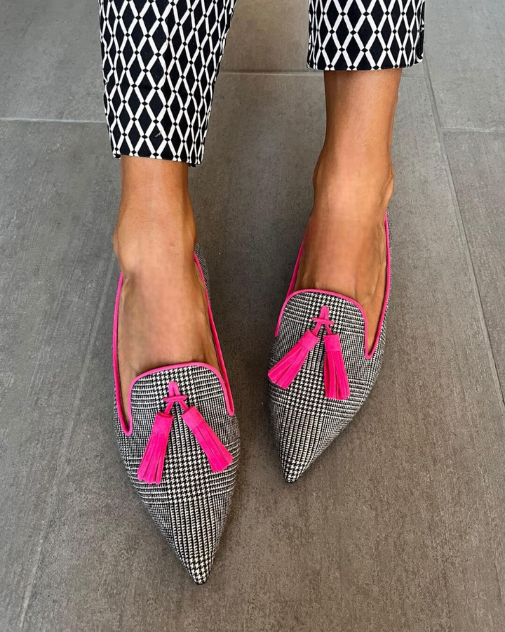 Pippa | Women's Black & White Breathable Check Tassel Pointed-Toe Flats Carol & Margaret Wilmington
