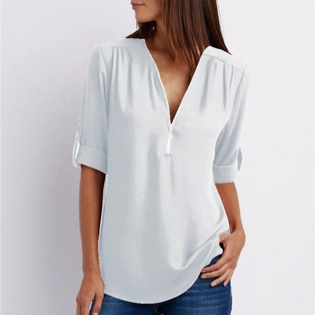 Pippa | Women's Lightweight Zip-Front V-Neck Roll-Sleeve Blouse