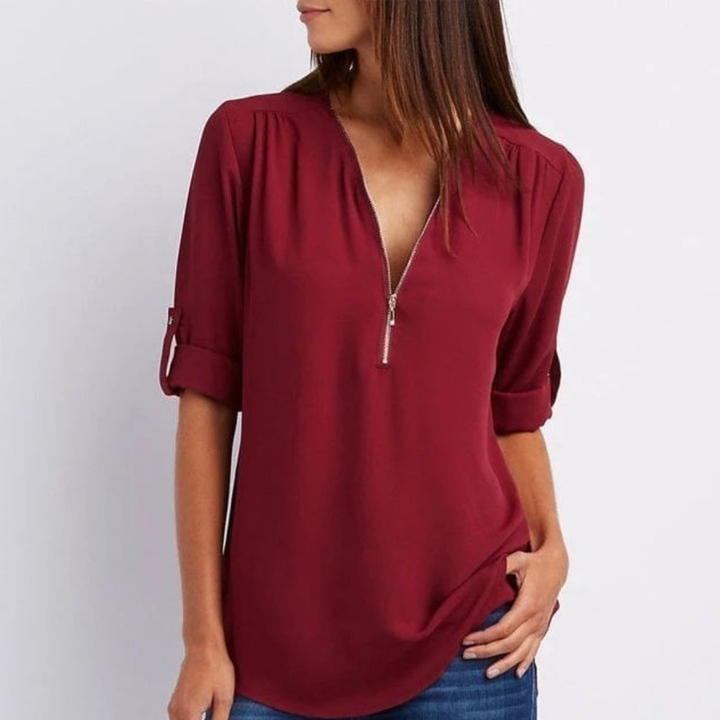 Pippa | Women's Lightweight Zip-Front V-Neck Roll-Sleeve Blouse