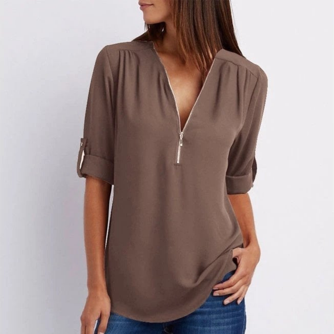 Pippa | Women's Lightweight Zip-Front V-Neck Roll-Sleeve Blouse