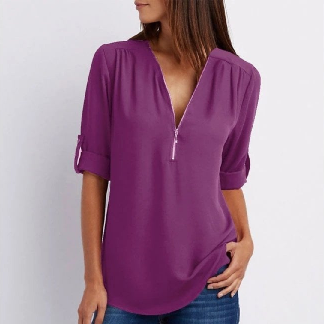 Pippa | Women's Lightweight Zip-Front V-Neck Roll-Sleeve Blouse