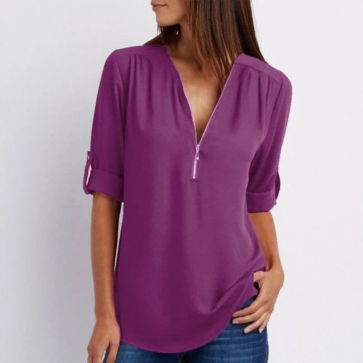 Pippa | Women's Lightweight Zip-Front V-Neck Roll-Sleeve Blouse
