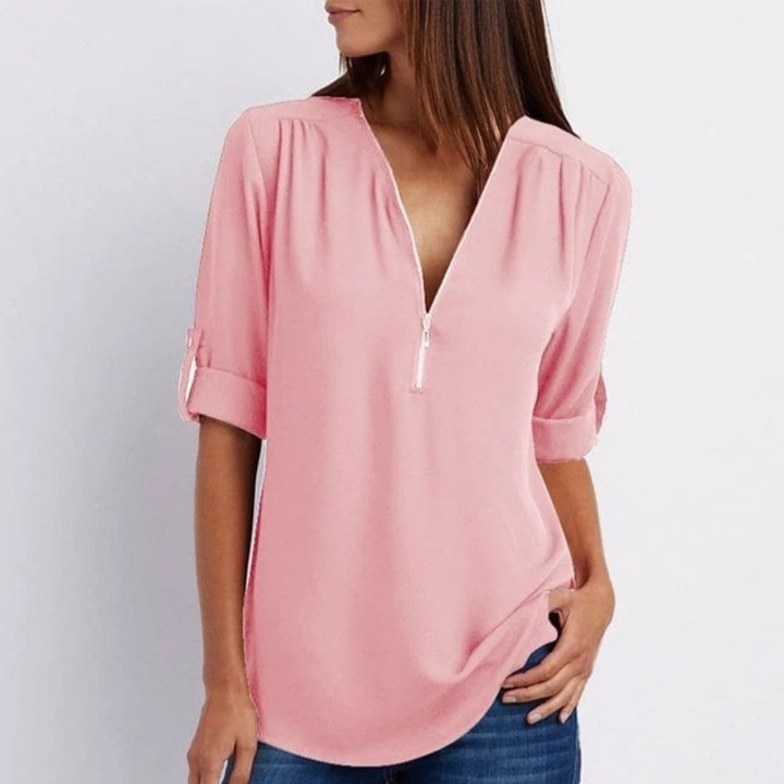 Pippa | Women's Lightweight Zip-Front V-Neck Roll-Sleeve Blouse