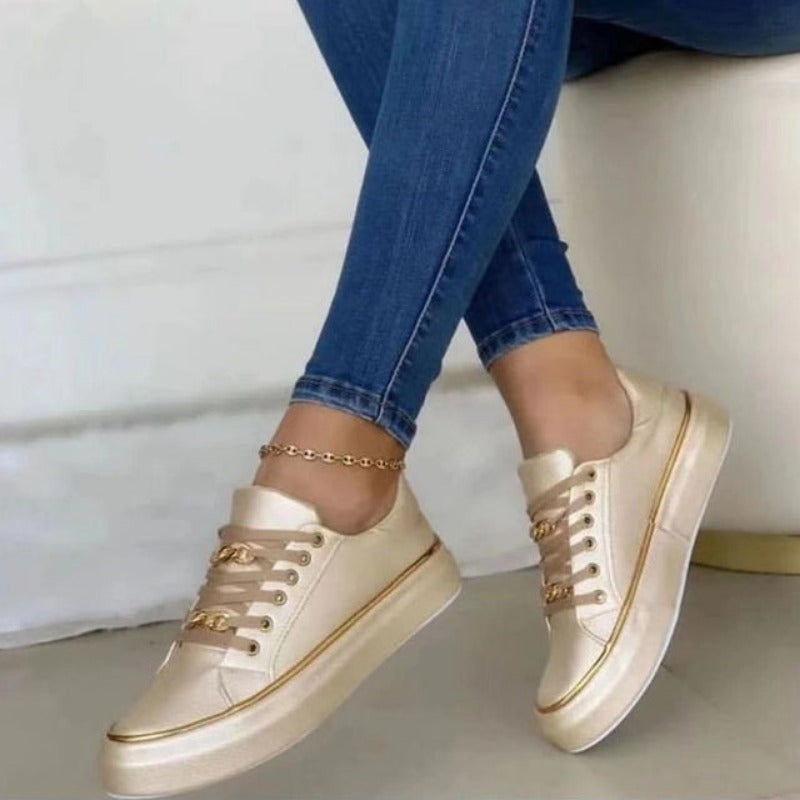 Brylee | Womens Casual Platform Sneakers With Gold Chain Detail and Lace Up Fit