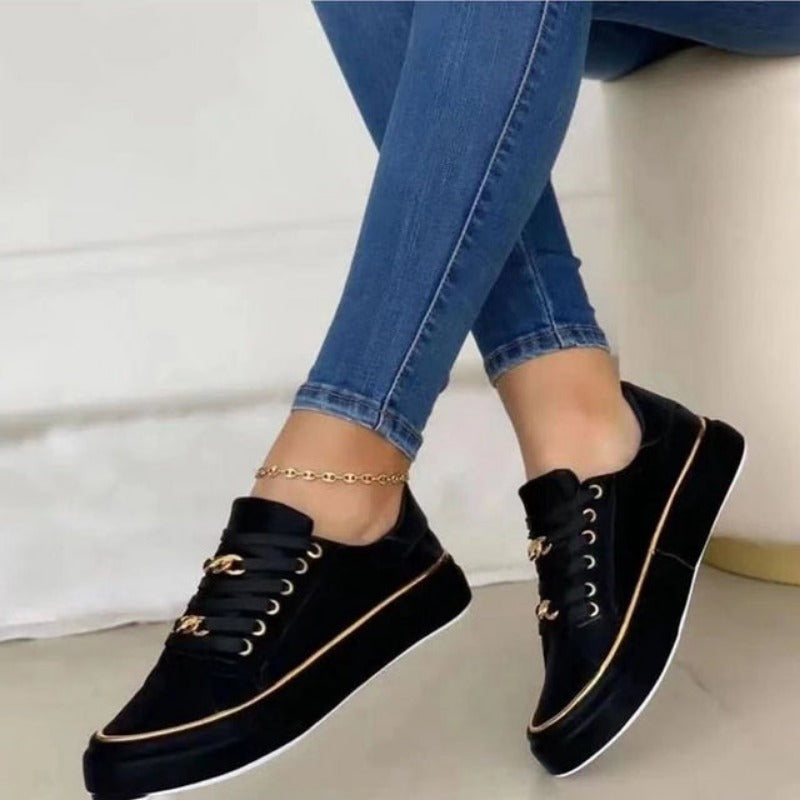Brylee | Womens Casual Platform Sneakers With Gold Chain Detail and Lace Up Fit