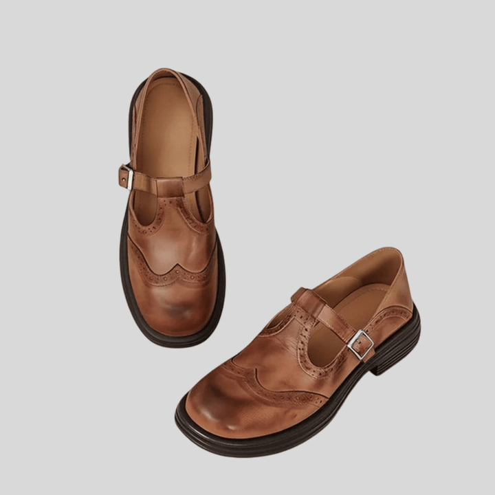 Athena | Womens Smart Mary Jane Shoes With Brogue Detail and Buckle Strap