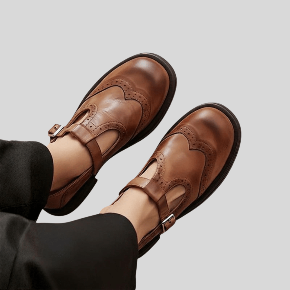 Athena | Womens Smart Mary Jane Shoes With Brogue Detail and Buckle Strap