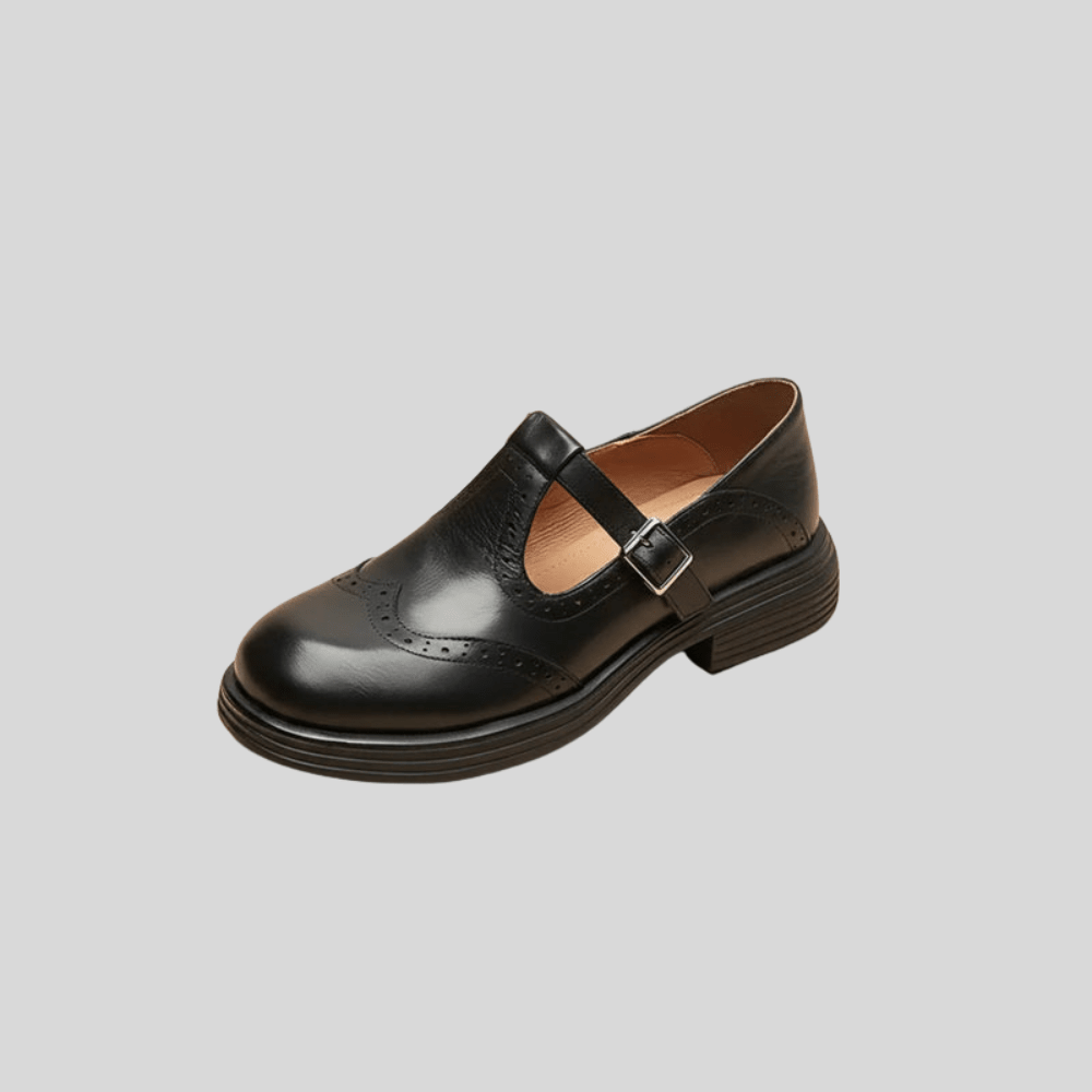 Athena | Womens Smart Mary Jane Shoes With Brogue Detail and Buckle Strap