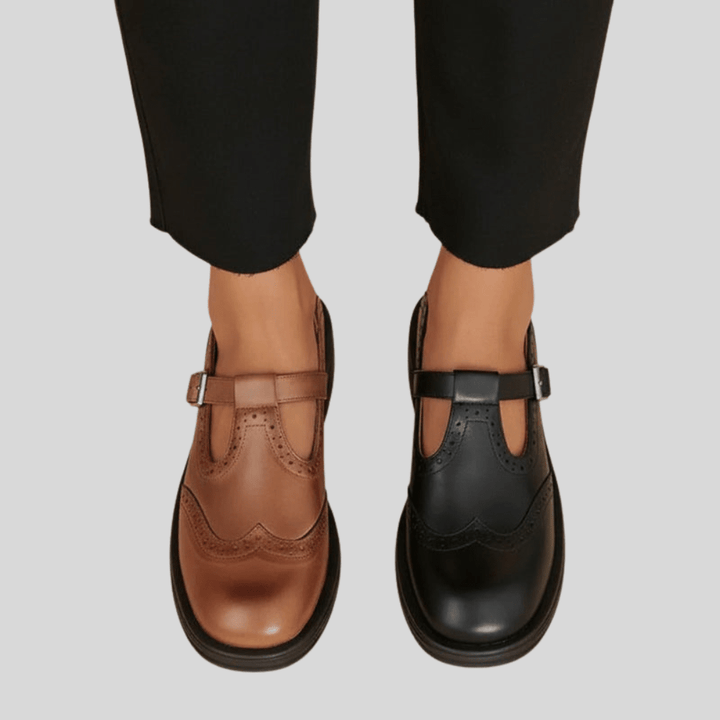 Athena | Womens Smart Mary Jane Shoes With Brogue Detail and Buckle Strap