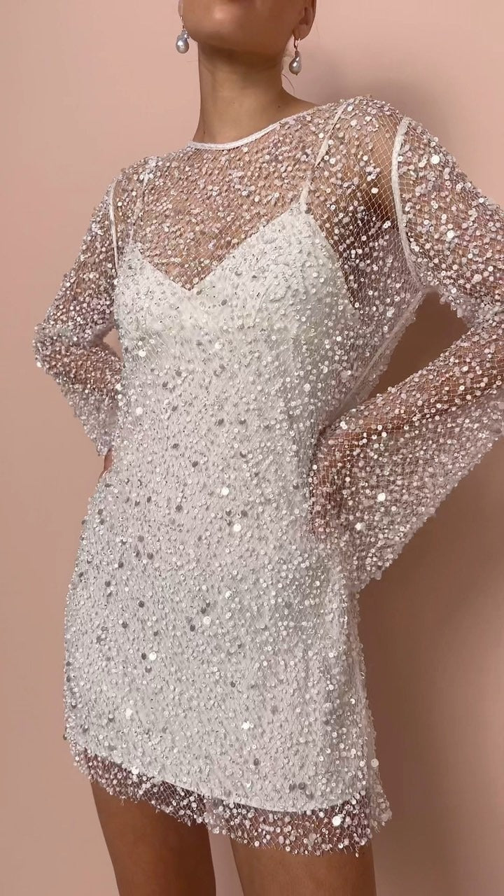 Jazmine | Women's Sheer Sleeve Embellished Mini Dress